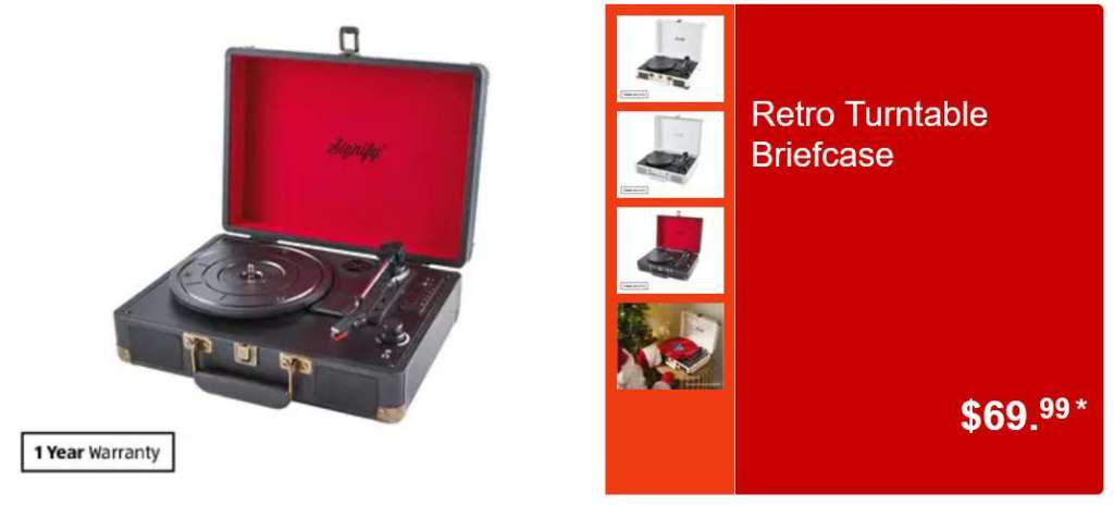 Catalogue listing for ALDI turntable