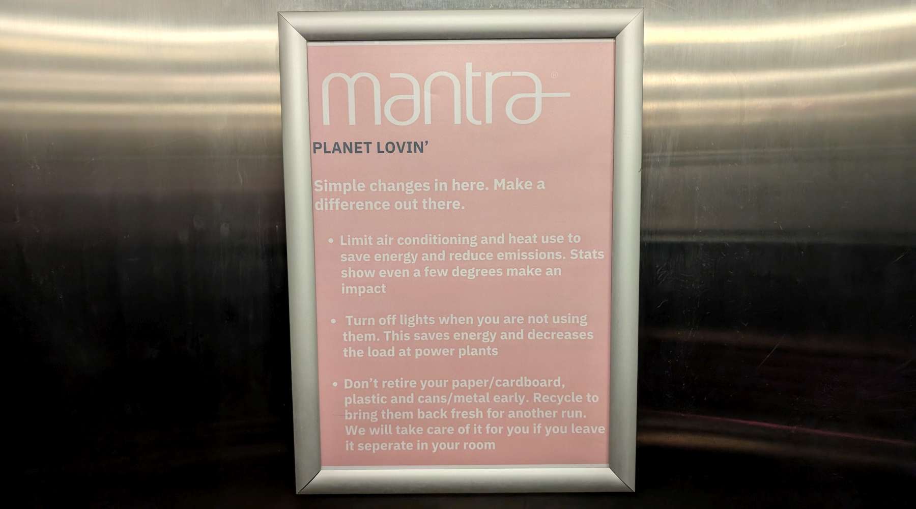 Notice about recycling in hotel lift